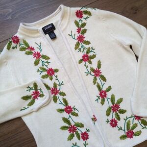 Vintage Christmas Holiday Cardigan Sweater Designers Originals White Poinsettias